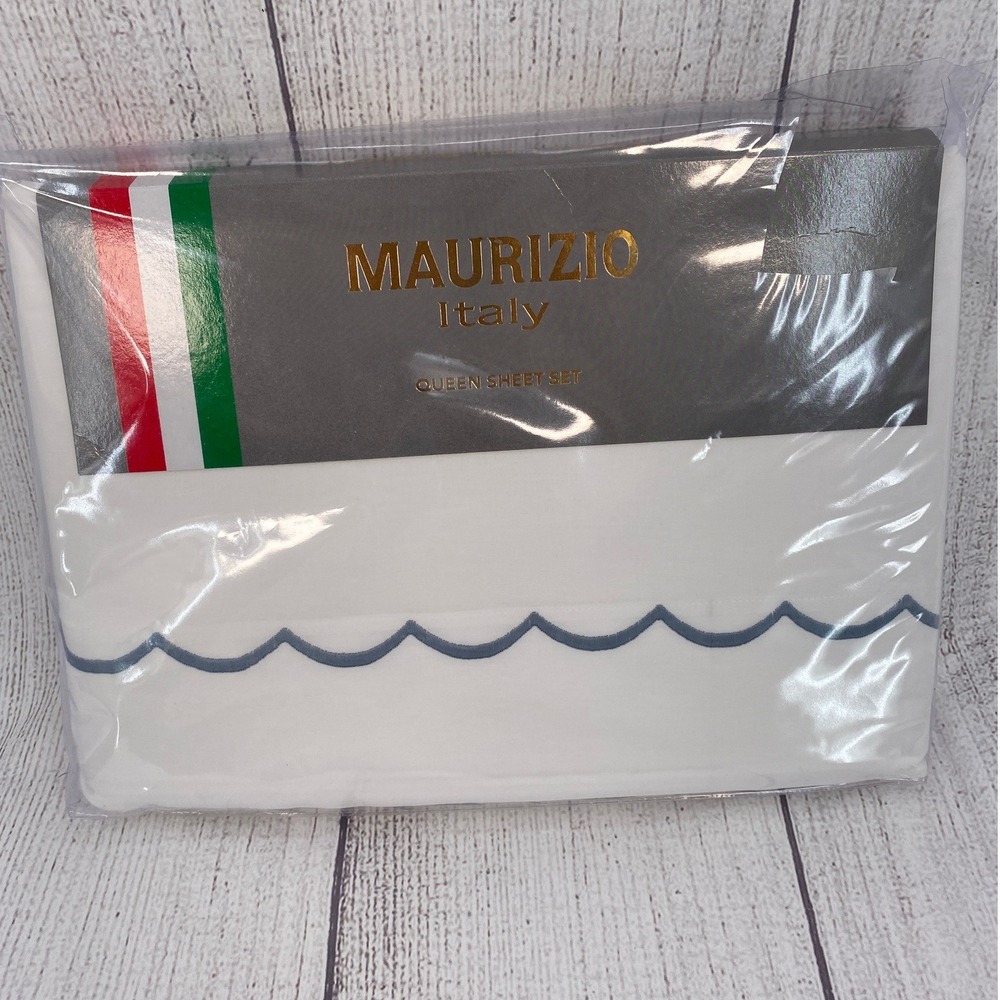 Maurizio Italy Queen Sheet Set White 100% Cotton Blue Scalloped Italian Linens